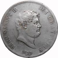 obverse of 120 Grana - Ferdinando II - 4'th Portrait (1851 - 1859) coin with KM# 370 from Italian States. Inscription: FERDINANDVS II. DEI GRATIA REX 1855