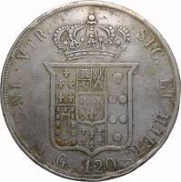 reverse of 120 Grana - Ferdinando II - 4'th Portrait (1851 - 1859) coin with KM# 370 from Italian States. Inscription: REGNI VTR. SIC. ET HIER. G . 120