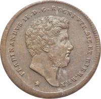 obverse of 2 Tornesi - Ferdinando II - 2'nd Portrait (1838 - 1856) coin with KM# 327 from Italian States. Inscription: * FERDINANDVS II.D.G.REGNI VTR.SIC.ET HIER.REX