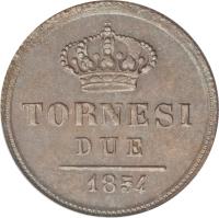 reverse of 2 Tornesi - Ferdinando II - 2'nd Portrait (1838 - 1856) coin with KM# 327 from Italian States. Inscription: TORNESI DUE 1842