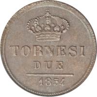 Italian States coin 2 Tornesi - Ferdinando II - 2'nd Portrait (1838 - 1856) reverse reverse of 2 Tornesi - Ferdinando II - 2'nd Portrait (1838 - 1856) coin with KM# 327 from Italian States. Inscription: TORNESI DUE 1842