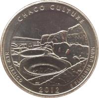 United States coin 1/4 Dollar - Chaco Culture National Historical Park, New Mexico - Washington Quarter (2012) reverse reverse of 1/4 Dollar - Chaco Culture National Historical Park, New Mexico - Washington Quarter (2012) coin with KM# 520 from United States. Inscription: CHACO CULTURE NEW MEXICO 2012 E PLURIBUS UNUM