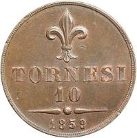 Italian States coin 10 Tornesi - Francesco II (1859) reverse reverse of 10 Tornesi - Francesco II (1859) coin with KM# 377 from Italian States. Inscription: TORNESI 10 1859