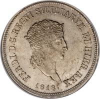 obverse of 120 Grana - Ferdinando I (1818) coin with KM# 285 from Italian States. Inscription: FERD.I.D.G.REGNI SICILIARVM ET HIER.REX 1818.