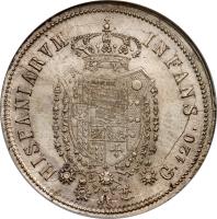 reverse of 120 Grana - Ferdinando I (1818) coin with KM# 285 from Italian States. Inscription: HISPANIARVM INFANS G.120.