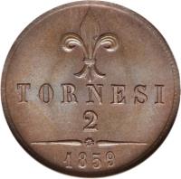 Italian States coin 2 Tornesi - Francesco II (1859) reverse reverse of 2 Tornesi - Francesco II (1859) coin with KM# 375 from Italian States.