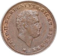 obverse of 1 Tornese - Ferdinando II (1845 - 1858) coin with KM# 358 from Italian States. Inscription: FERD. II. D. G. REGNI VTR. SIC. ET. HIER. REX