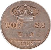 reverse of 1 Tornese - Ferdinando II (1845 - 1858) coin with KM# 358 from Italian States. Inscription: TORNESE UNO 1854