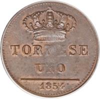 Italian States coin 1 Tornese - Ferdinando II (1845 - 1858) reverse reverse of 1 Tornese - Ferdinando II (1845 - 1858) coin with KM# 358 from Italian States. Inscription: TORNESE UNO 1854