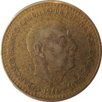 obverse of 1 Peseta - Francisco Franco - 2'nd Portrait (1966) coin with KM# 796 from Spain. Inscription: FRANCISCO FRANCO CAUDILLO DE ESPAÑA POR LA G.DE DIOS 1966