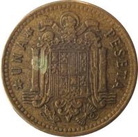reverse of 1 Peseta - Francisco Franco - 2'nd Portrait (1966) coin with KM# 796 from Spain. Inscription: UNA PESETA UNA GRANDE LIBRE PLUS ULTRA 19 72