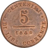 reverse of 5 Centesimi (1849) coin with KM# 809 from Italian States. Inscription: CENTESIMI 5 1849 DI LIRA CORRENTE