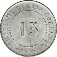 Italian States coin 15 Centesimi (1848) reverse reverse of 15 Centesimi (1848) coin with KM# 801 from Italian States.