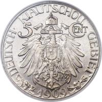 reverse of 5 Cents - Wilhelm II (1909) coin with KM# 1 from Kiautschou Bay concession. Inscription: DEUTSCH · KIAUTSCHOU GEBIET 5 CENT 1909