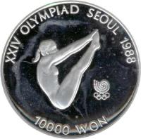 Korea coin 10000 Won - Diving (1987) reverse reverse of 10000 Won - Diving (1987) coin with KM# 57 from Korea. Inscription: XXIV OLYMPIAD SEOUL 1988 10000 WON