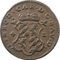Liege coin 4 Liards - Jean-Théodore (1750 - 1752) obverse obverse of 4 Liards - Jean-Théodore (1750 - 1752) coin with KM# 159 from Liege. Inscription: I · THEOD · CAR · D · G · BAV · D · 4L