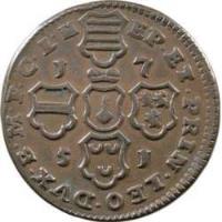 Liege coin 4 Liards - Jean-Théodore (1750 - 1752) reverse reverse of 4 Liards - Jean-Théodore (1750 - 1752) coin with KM# 159 from Liege. Inscription: EP · ET · PRIN · LEO · DVX · B · M · F · C · L · H · 1751