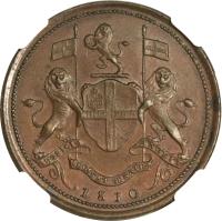 obverse of 1 Cent (1810) coin with KM# 14 from Malay peninsula. Inscription: AUSPICIO REGIS ET SENATUS ANGLIÆ 1810