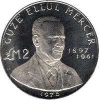 reverse of 2 Liri - Guze Ellul Mercer (1976) coin with KM# 40 from Malta. Inscription: GUZE ELLUL MERCER 1897 1961 LM 2 1976