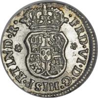 obverse of 1/2 Real - Fernando VI (1747 - 1760) coin with KM# 67.1 from Mexico. Inscription: · FRD · VI · D · G · HISP · ET IND · R ·