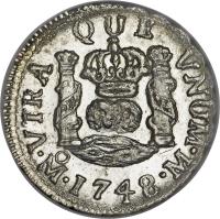 reverse of 1/2 Real - Fernando VI (1747 - 1760) coin with KM# 67.1 from Mexico. Inscription: VTRA QUE VNUM · Mᴼ · 1748 · M ·