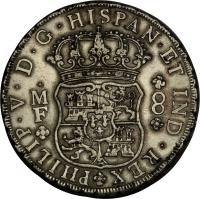 Mexico coin 8 Reales - Felipe V (1732 - 1747) obverse obverse of 8 Reales - Felipe V (1732 - 1747) coin with KM# 103 from Mexico. Inscription: PHILIP · V · D · G · HISPAN · ET IND · REX · M F 8