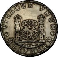 Mexico coin 8 Reales - Felipe V (1732 - 1747) reverse reverse of 8 Reales - Felipe V (1732 - 1747) coin with KM# 103 from Mexico. Inscription: VTRAQUE VNUM PLUS VLTR Mo 1739 Mo