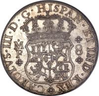 Mexico coin 8 Reales - Carlos III (1760 - 1772) obverse obverse of 8 Reales - Carlos III (1760 - 1772) coin with KM# 105 from Mexico. Inscription: CAROLVS · III · D · G · HISPAN · ET IND · REX · M M 8