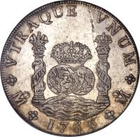 Mexico coin 8 Reales - Carlos III (1760 - 1772) reverse reverse of 8 Reales - Carlos III (1760 - 1772) coin with KM# 105 from Mexico. Inscription: VTRAQUE VNUM PLUS VLTR Mo 1762 Mo