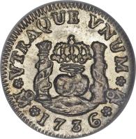 Mexico coin 1/2 Real - Felipe V (1732 - 1741) reverse reverse of 1/2 Real - Felipe V (1732 - 1741) coin with KM# 65 from Mexico.