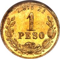 reverse of 1 Peso (1870 - 1905) coin with KM# 410 from Mexico. Inscription: 1 PESO Z.875 Zs