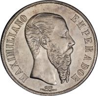 Mexico coin 1 Peso - Maximilian I (1866 - 1867) obverse obverse of 1 Peso - Maximilian I (1866 - 1867) coin with KM# 388 from Mexico. Inscription: MAXIMILIANO EMPERADOR NAVALON OCAMPO SPIAITU