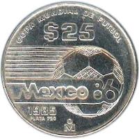 Mexico coin 25 Pesos - 1986 World Cup Soccer (1985) reverse reverse of 25 Pesos - 1986 World Cup Soccer (1985) coin with KM# 497 from Mexico. Inscription: COPA MUNDIAL DE FUTBOL MEXICO 86 1985 PLATA 720