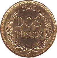 Mexico coin 2 Pesos (1919 - 1948) reverse reverse of 2 Pesos (1919 - 1948) coin with KM# 461 from Mexico. Inscription: 1945 / DOS PESOS / M