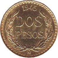 reverse of 2 Pesos (1919 - 1948) coin with KM# 461 from Mexico. Inscription: 1945 / DOS PESOS / M