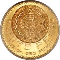 Mexico coin 20 Pesos (1917 - 1959) reverse reverse of 20 Pesos (1917 - 1959) coin with KM# 478 from Mexico. Inscription: VEINTE PESOS *15Gr. ORO PURO*