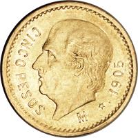 Mexico coin 5 Pesos (1905 - 1955) reverse reverse of 5 Pesos (1905 - 1955) coin with KM# 464 from Mexico. Inscription: CINCO PESOS Mo 1905