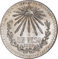 reverse of 1 Peso (1918 - 1919) coin with KM# 454 from Mexico. Inscription: LIBERTAD M UN PESO 1919