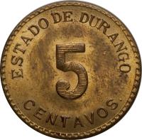 Mexico coin 5 Centavos (1914) reverse reverse of 5 Centavos (1914) coin with KM# 634 from Mexico. Inscription: ESTADO DE DURANGO 5 CENTAVOS