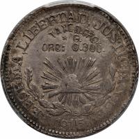 Mexico coin 1 Peso (1915) reverse reverse of 1 Peso (1915) coin with KM# 672 from Mexico. Inscription: REFORMA LIBERTAD JUSTICIA Y LEY TAXCO ORO *G ORO: 0.300 1915