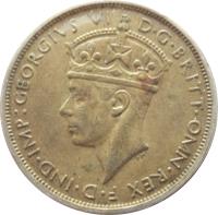 obverse of 2 Shillings - George VI (1938 - 1947) coin with KM# 24 from British West Africa. Inscription: :GEORGIVS VI D · G · BRITT · OMN · REX F · D · IND · IMP