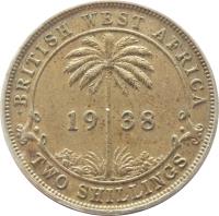 British West Africa coin 2 Shillings - George VI (1938 - 1947) reverse reverse of 2 Shillings - George VI (1938 - 1947) coin with KM# 24 from British West Africa. Inscription: BRITISH WEST AFRICA . 19 38 . H TWO SHILLINGS