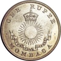 Mombasa coin 1 Rupee - IBEA Coinage (1888) obverse obverse of 1 Rupee - IBEA Coinage (1888) coin with KM# 5 from Mombasa. Inscription: ONE RUPEE LIGHT AND LIBERTY · MOMBASA ·