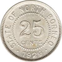 reverse of 25 Cents (1929) coin with KM# 6 from North Borneo. Inscription: STATE OF NORTH BORNEO 25 CENTS · 1929 ·