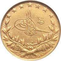 obverse of 100 Kuruş - Mehmed V - Reshat to the right of Toughra (1909 - 1915) coin with KM# 754 from Ottoman Empire.