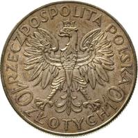 obverse of 10 Złotych - Romuald Traugutt (1933) coin with Y# 24 from Poland. Inscription: RZECZPOSPOLITA POLSKA 10 ZŁOTYCH 10