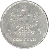 obverse of 5 Złotych - Centennial of 1830 Revolution (1930) coin with Y# 19 from Poland. Inscription: 5 Złotych