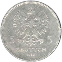 Poland coin 5 Złotych - Centennial of 1830 Revolution (1930) obverse obverse of 5 Złotych - Centennial of 1830 Revolution (1930) coin with Y# 19 from Poland. Inscription: 5 Złotych