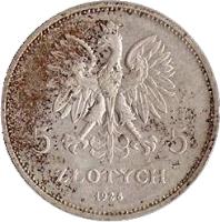 obverse of 5 Złotych (1928 - 1932) coin with Y# 18 from Poland. Inscription: 5 ZŁOTYCH 5 1928