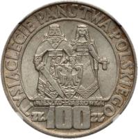 Poland coin 100 Złotych - Polish Millennium (1966) reverse reverse of 100 Złotych - Polish Millennium (1966) coin with Y# 57 from Poland. Inscription: TYSIĄCLECIE PAŃSTWA POLSKIEGO MIESZKO I DĄBRÓWKA ZŁ 100 ZŁ
